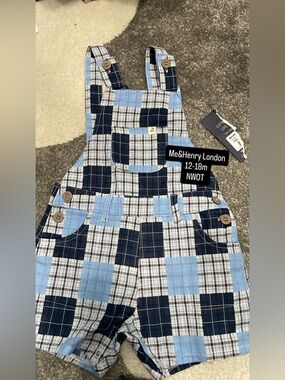 Me & Henry London Baby Boys Blue Plaid Overalls - 12-18M